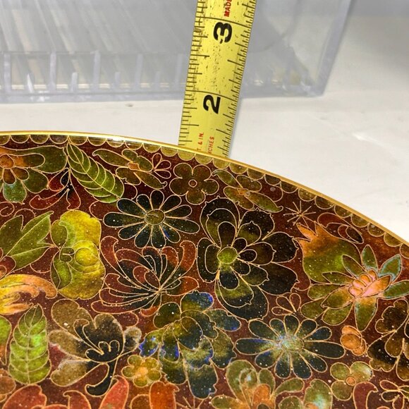 10" Chinese Cloisonne Enamel Brass Plate Holiday Colors Autumn Gold Green Footed - Picture 10 of 10